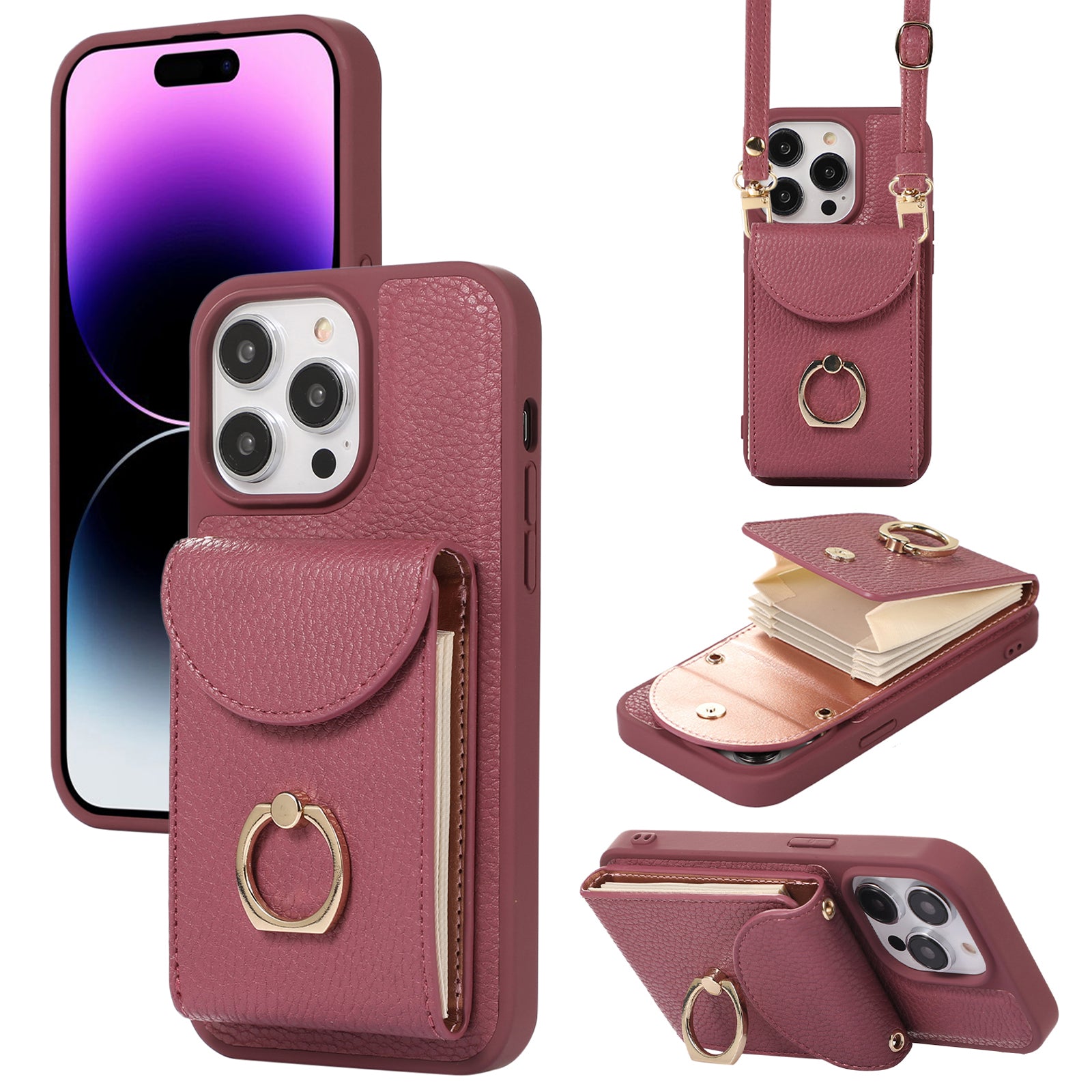 For iPhone 14 Pro Max Accordion Style Card Slots Case Leather Coated TPU Phone Kickstand Cover with Shoulder Strap For iPhone 14 Pro Max Accordion Style Card Slots Case Leather Coated TPU Phone Kickstand Cover with Shoulder Strap